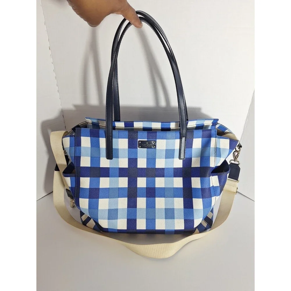 Kate Spade New York Grove Street Kaylie Plaid Diaper Bag Blue White Travel Bag
